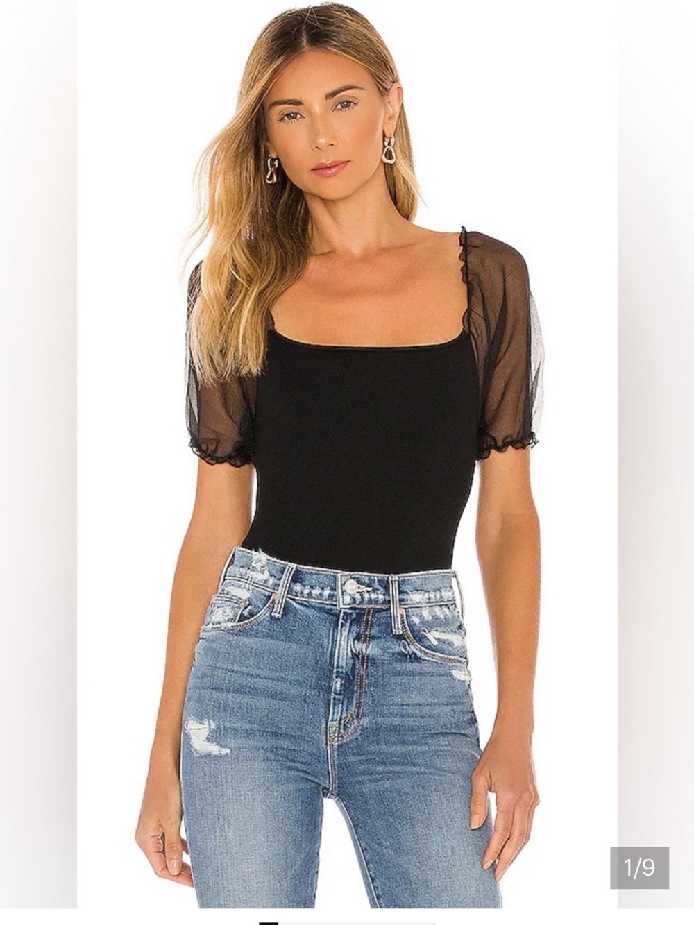 Astr Black Square Neck Sheer Puff Sleeve Bodysuit